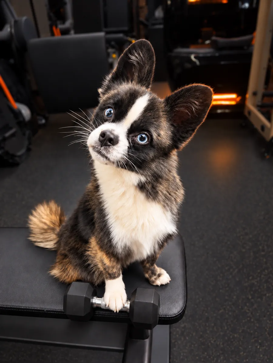 Angelo, le tout petit chien mascotte de Platinium Training, assis sur un banc de musculation