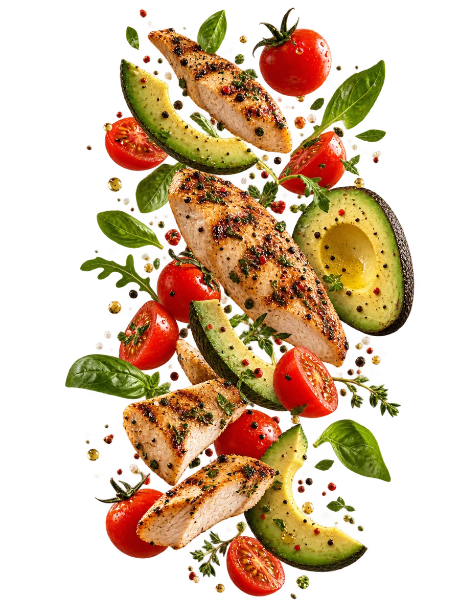 Assiette équilibrée : blanc de poulet grillé, avocat, tomates cerises et basilic, les repères d’alimentation du Parcours Silhouette à Toulon