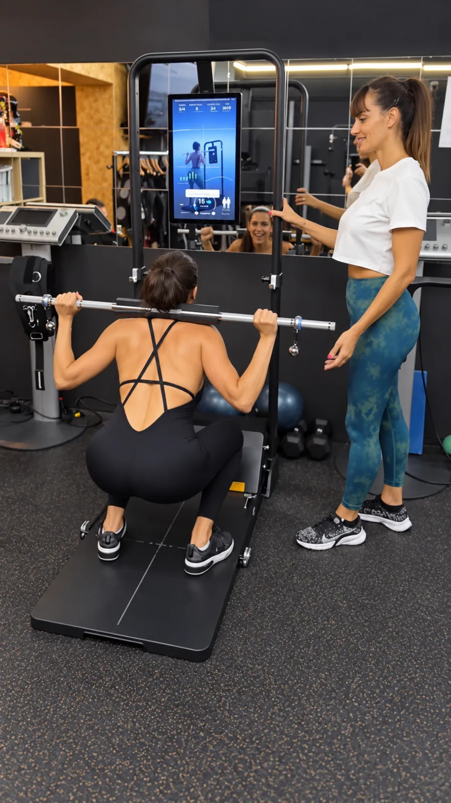 Une coach accompagne une adhérente qui fait un squat à la barre sur l’appareil connecté, au centre Platinium Training