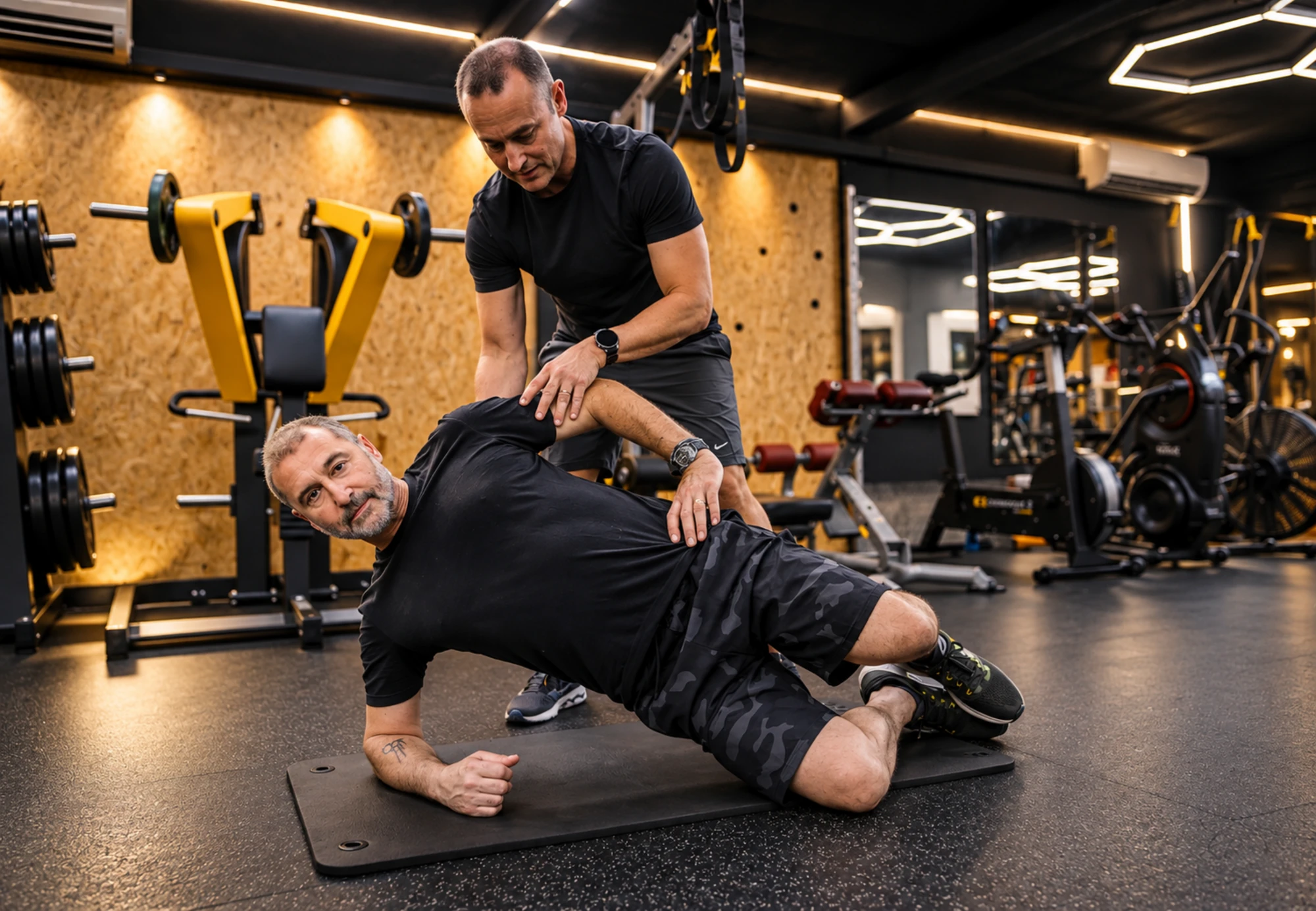 Manu, coach sportif à Toulon, corrige un adhérent en gainage latéral au sol, au centre Platinium Training du Mourillon