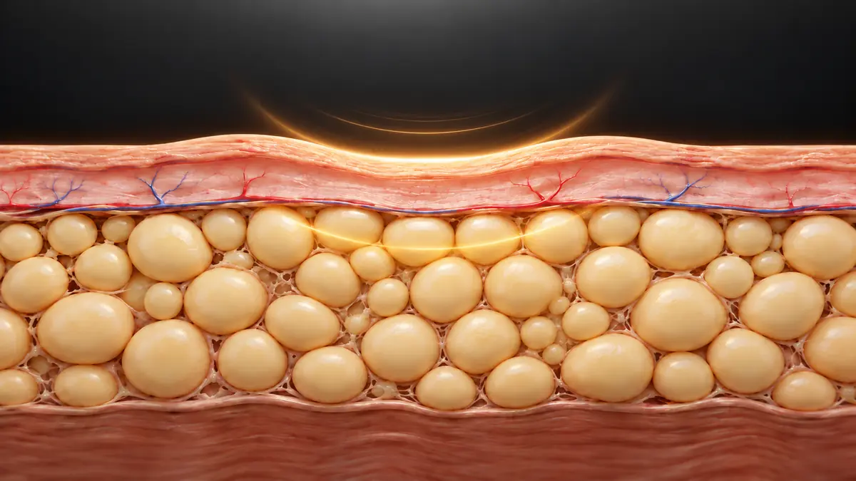 Illustration : les ultrasons de la ceinture Slim Sonic traversent la peau et descendent dans les cellules graisseuses