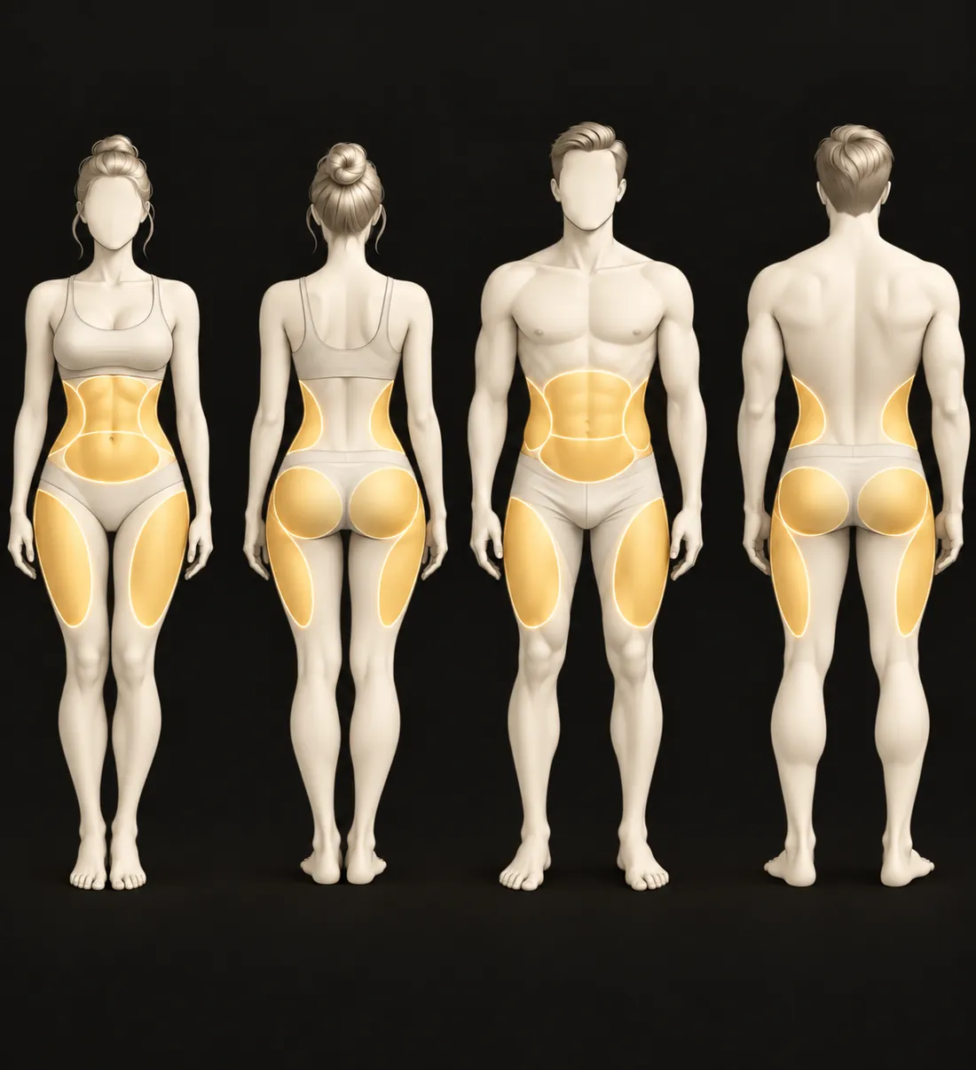 Schéma du corps, femme et homme de face et de dos : zones travaillées par la ceinture Slim Sonic, ventre, tour de taille, hanches, fessiers et cuisses