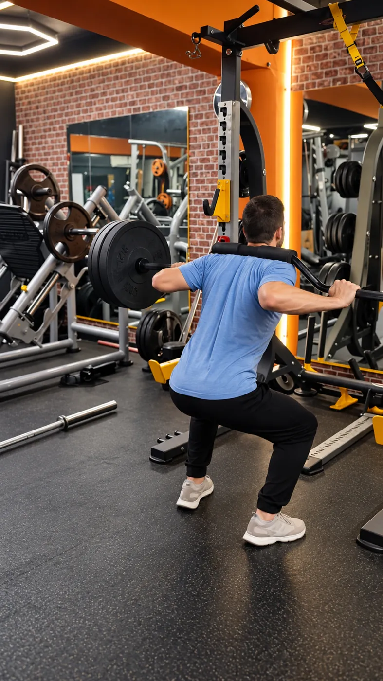 Un adhérent fait un squat à la barre dans le rack, au centre Platinium Training à Toulon