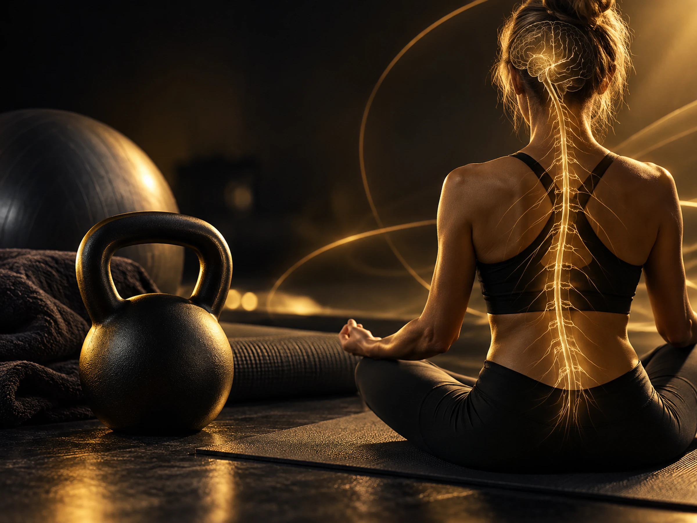 Illustration : une femme assise en tailleur, vue de dos, son système nerveux dessiné en or le long de la colonne, à côté d’un kettlebell