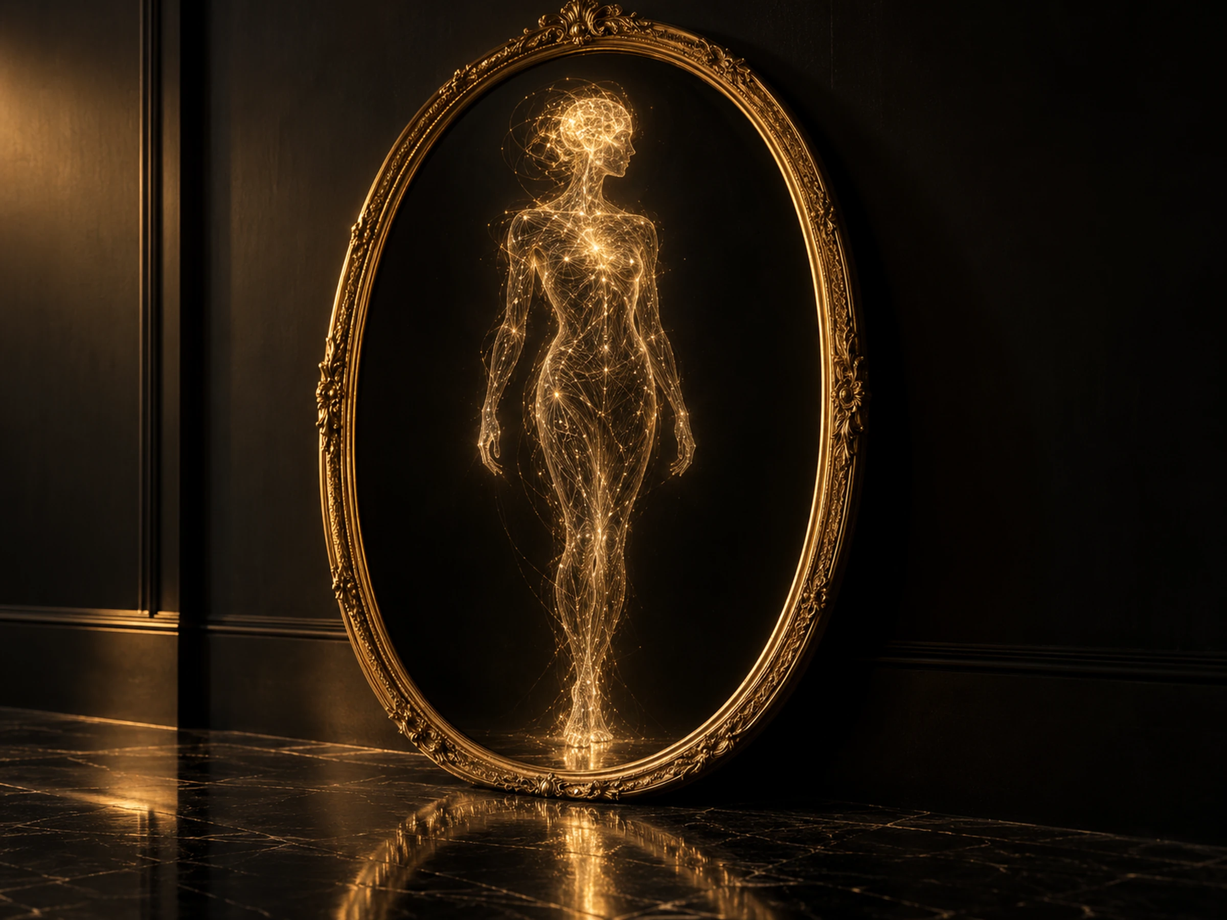 Illustration : un miroir doré ovale dans lequel une silhouette est dessinée par des fils de lumière dorée, du corps jusqu’à la tête
